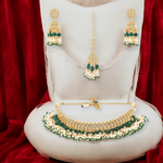 Indian Pearl Kundan Choker Jhumkas Maantika Set, Gold Plated Jewelry, Mangtika Set, choker jhumka set, Bridal Necklace mangtika set - Libasaa.com