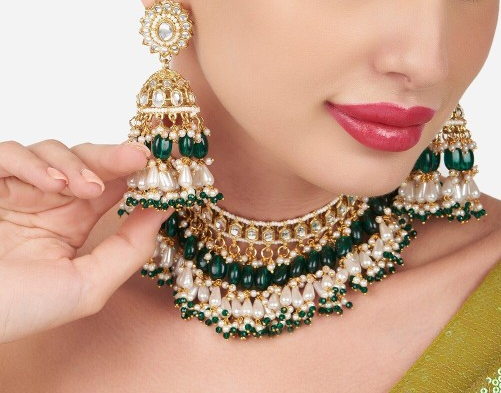 Indian Pearl Kundan Choker Jhumkas Maantika Set, Gold Plated Jewelry, Mangtika Set, choker jhumka set, Bridal Necklace mangtika set - Libasaa.com