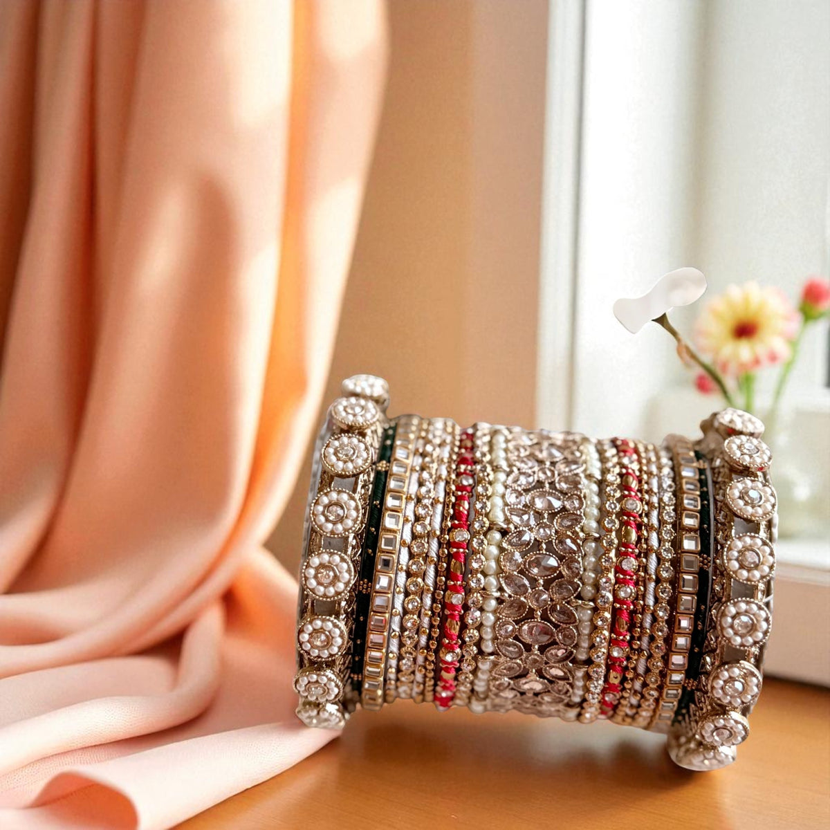 Traditional Red-Green Style Bangle Set for Two Hands By Libasaa - Libasaa.com