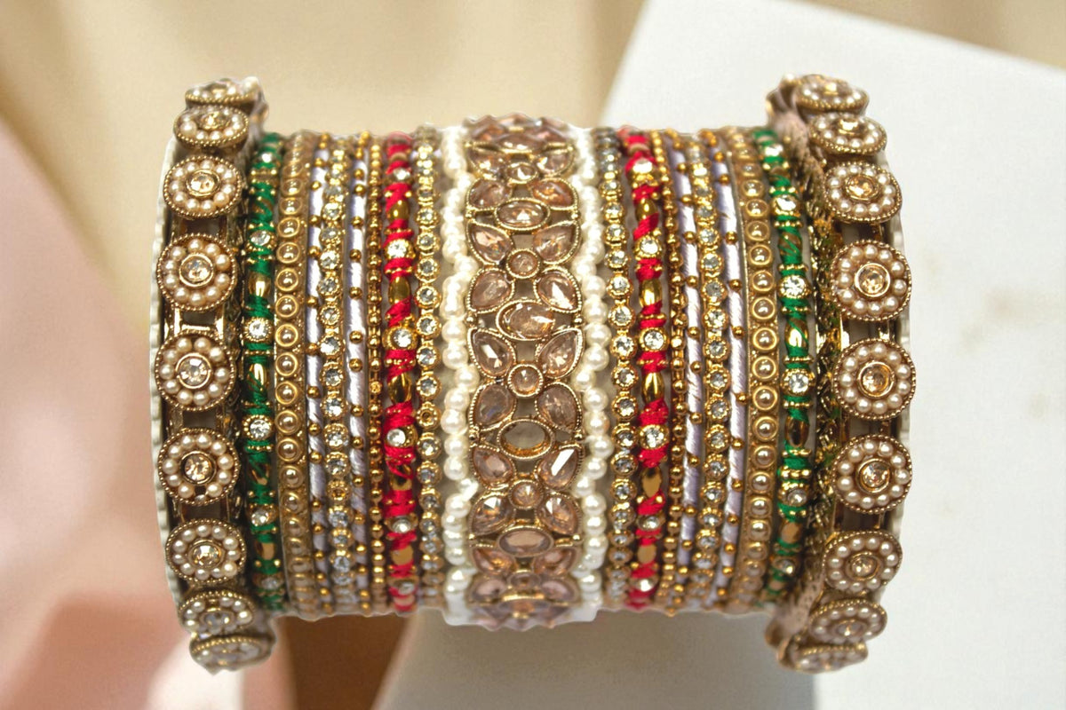 Traditional Red-Green Style Bangle Set for Two Hands By Libasaa - Libasaa.com