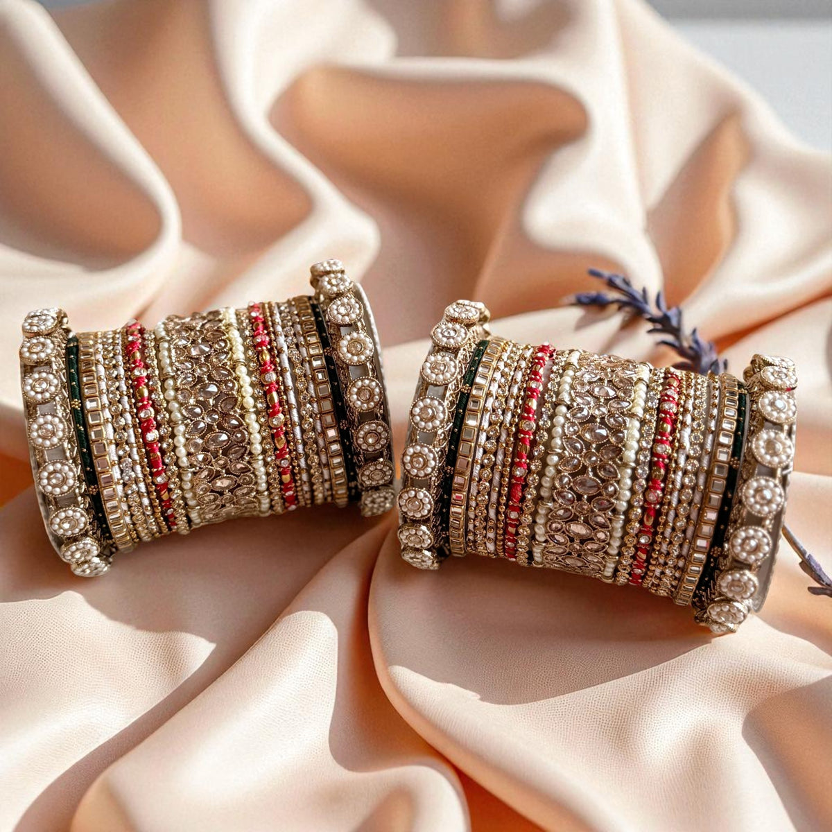 Traditional Red-Green Style Bangle Set for Two Hands By Libasaa - Libasaa.com