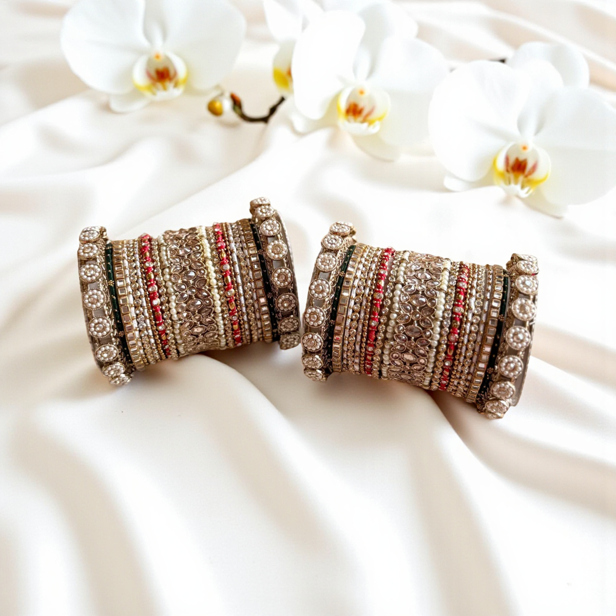Traditional Red-Green Style Bangle Set for Two Hands By Libasaa - Libasaa.com