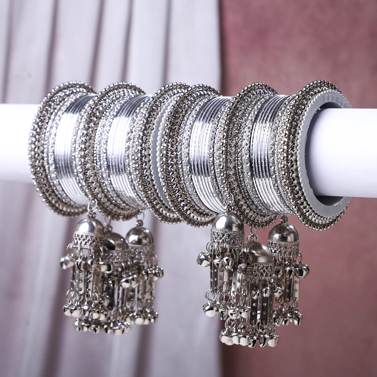 Silver Jhumki Bridal Bangle Set Indian Wedding Bangles, Traditional Bridal Jewelry, Ethnic Bangle Combo for Women - Libasaa.com