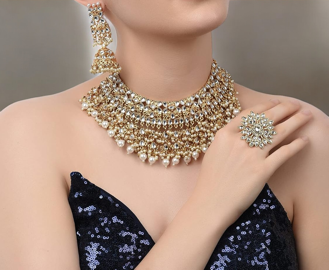 Bollywood Inspired Pearl Kundan Choker Jhumki Ring Maantika Set, Choker Set, Indian Jhumki Set, BridalRing, Indian Bridal Maantika Set - Libasaa.com