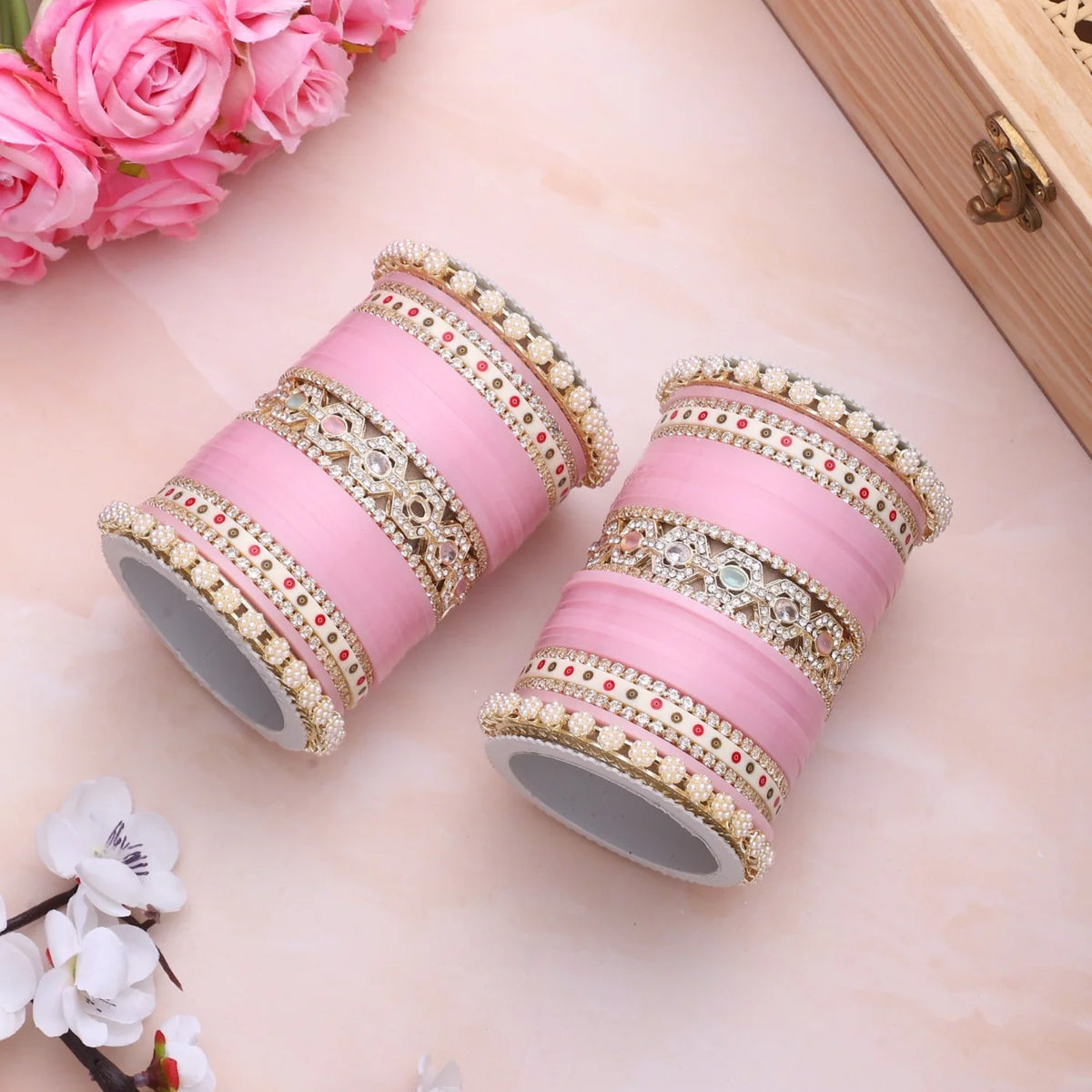 Bridal Chura with Pastel Colours & Kada | Punjabi Wedding Bangles Set - Libasaa.com