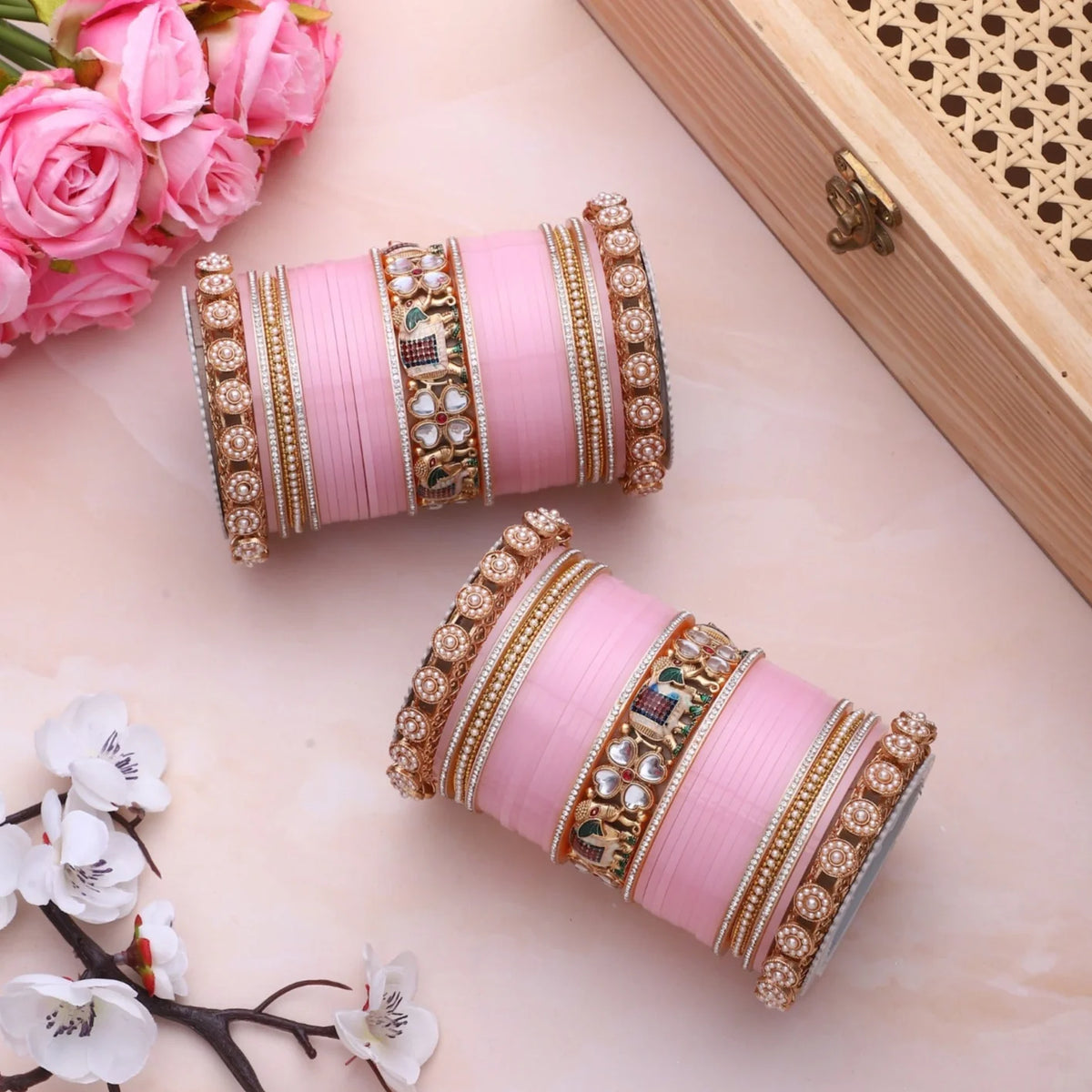 Bridal Chura with Pastel Colours & Kundan Elephant Kada | Punjabi Wedding Bangles Set | Indian Bridal Jewelry - Libasaa.com