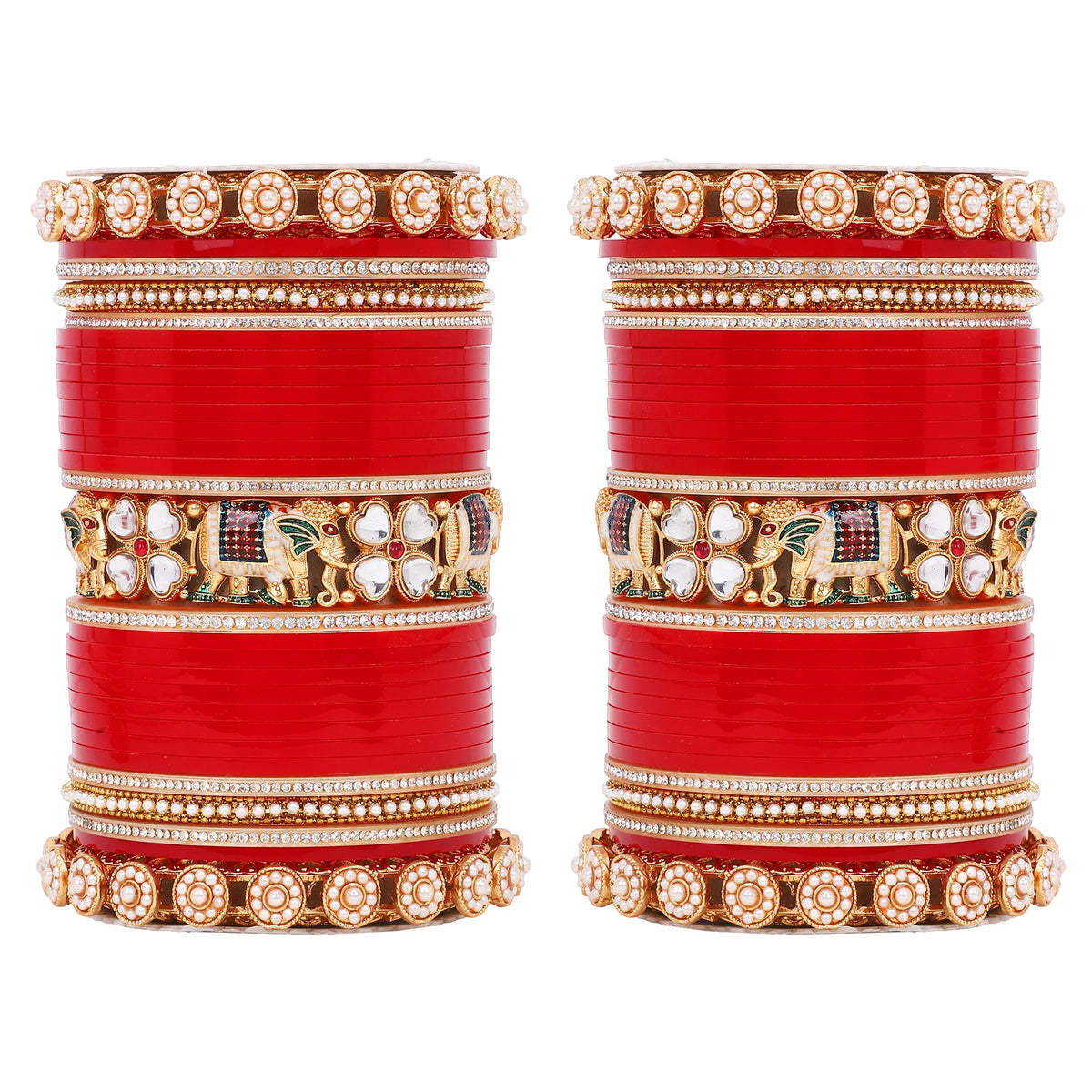 Bridal Chura with Pastel Colours & Kundan Elephant Kada | Punjabi Wedding Bangles Set | Indian Bridal Jewelry - Libasaa.com