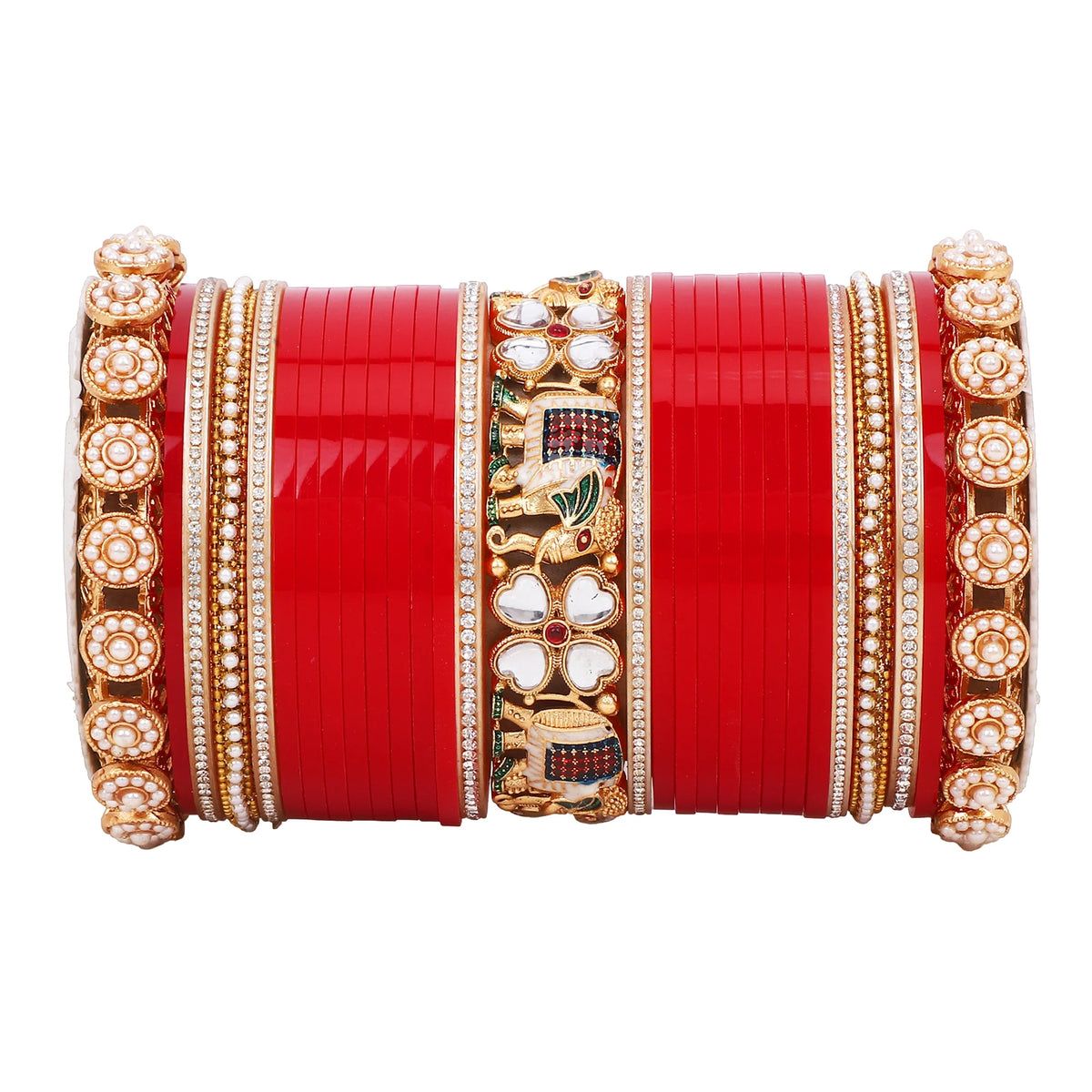 Bridal Chura with Pastel Colours & Kundan Elephant Kada | Punjabi Wedding Bangles Set | Indian Bridal Jewelry - Libasaa.com