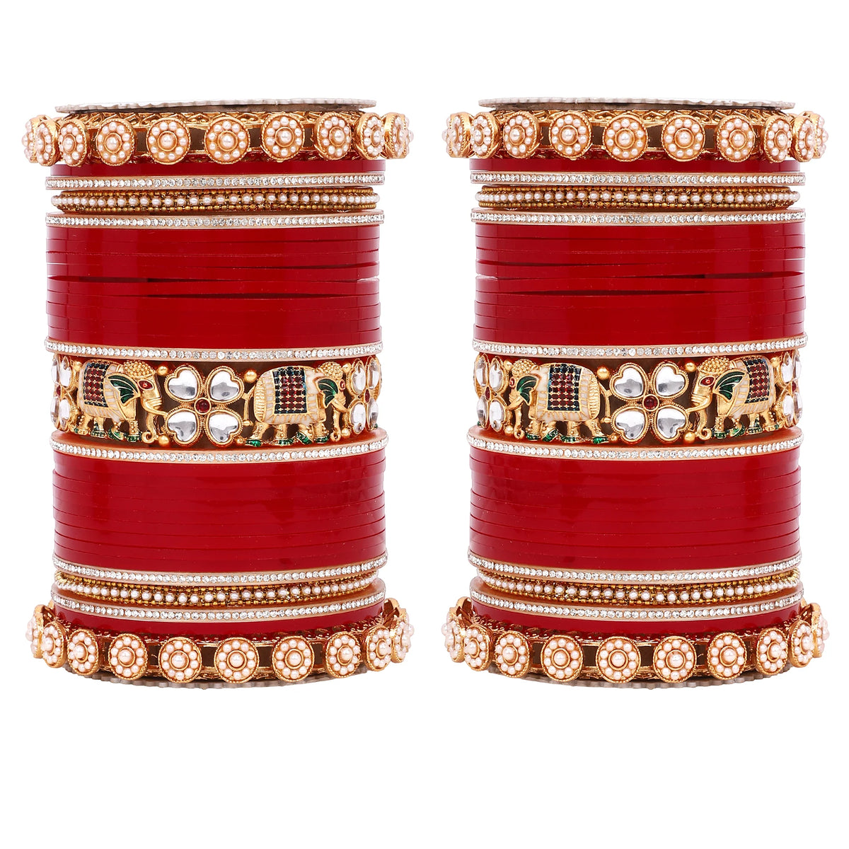 Bridal Chura with Pastel Colours & Kundan Elephant Kada | Punjabi Wedding Bangles Set | Indian Bridal Jewelry - Libasaa.com