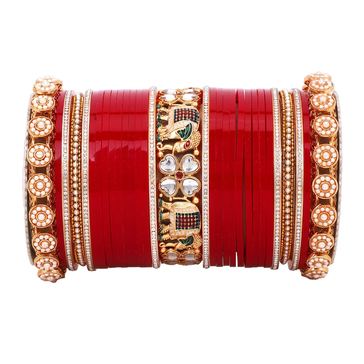 Bridal Chura with Pastel Colours & Kundan Elephant Kada | Punjabi Wedding Bangles Set | Indian Bridal Jewelry - Libasaa.com