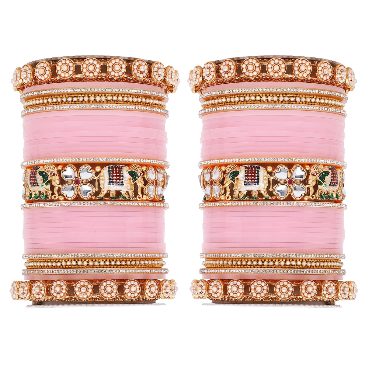 Bridal Chura with Pastel Colours & Kundan Elephant Kada | Punjabi Wedding Bangles Set | Indian Bridal Jewelry - Libasaa.com