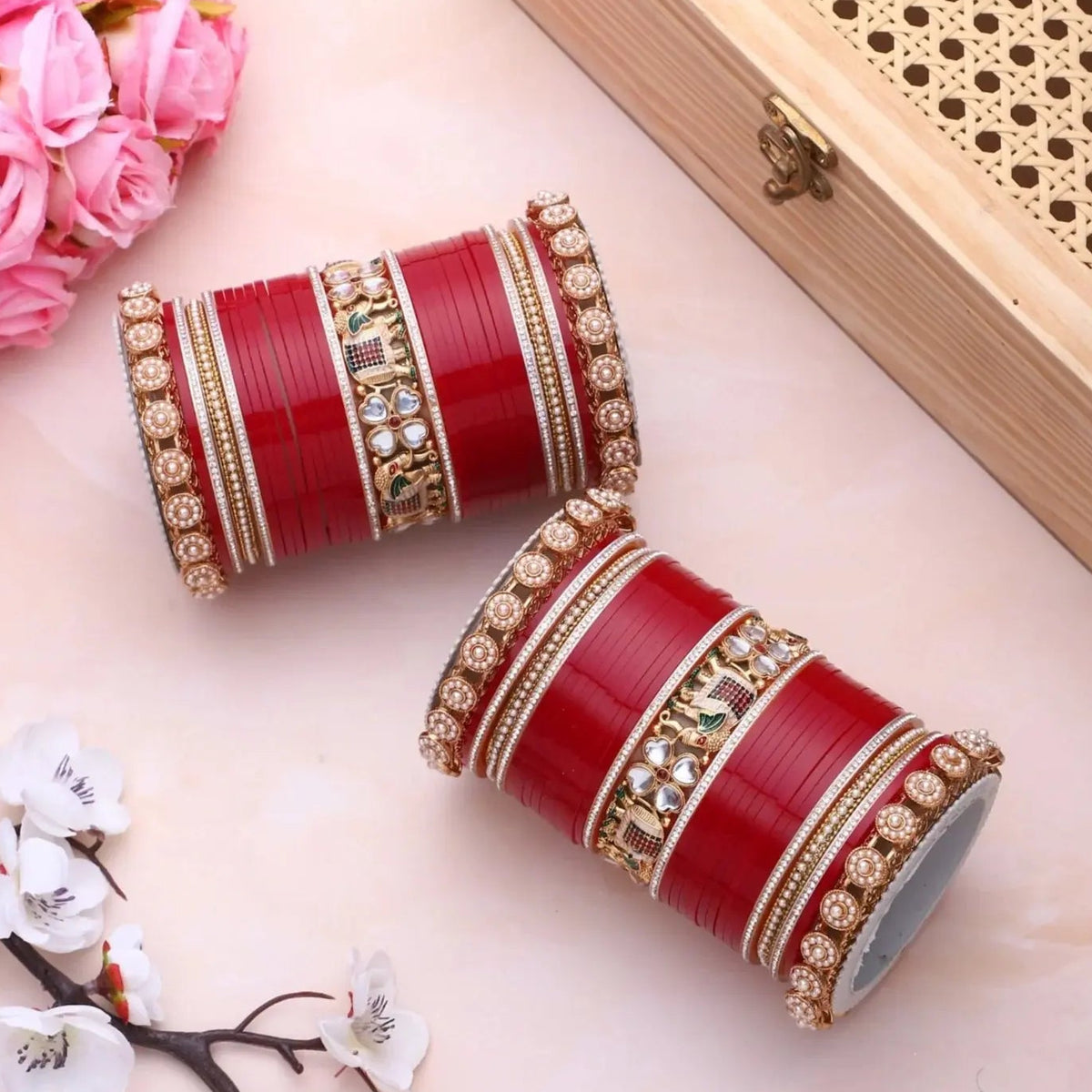 Bridal Chura with Pastel Colours & Kundan Elephant Kada | Punjabi Wedding Bangles Set | Indian Bridal Jewelry - Libasaa.com