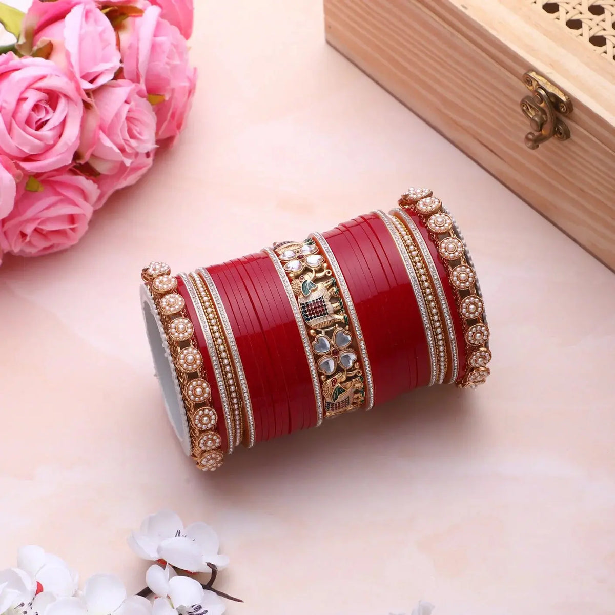 Bridal Chura with Pastel Colours & Kundan Elephant Kada | Punjabi Wedding Bangles Set | Indian Bridal Jewelry - Libasaa.com