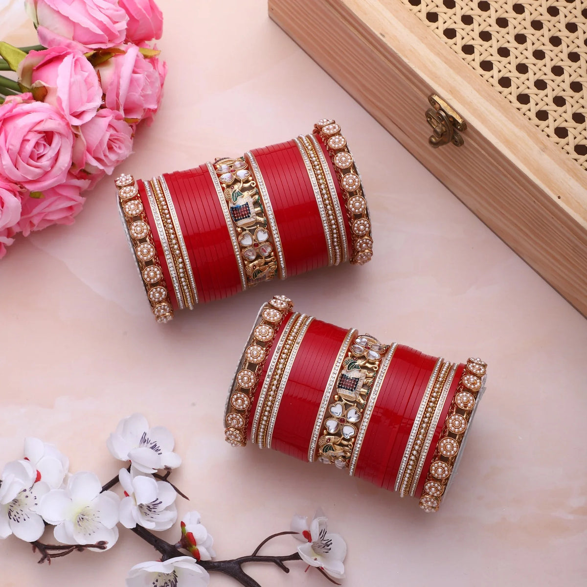 Bridal Chura with Pastel Colours & Kundan Elephant Kada | Punjabi Wedding Bangles Set | Indian Bridal Jewelry - Libasaa.com