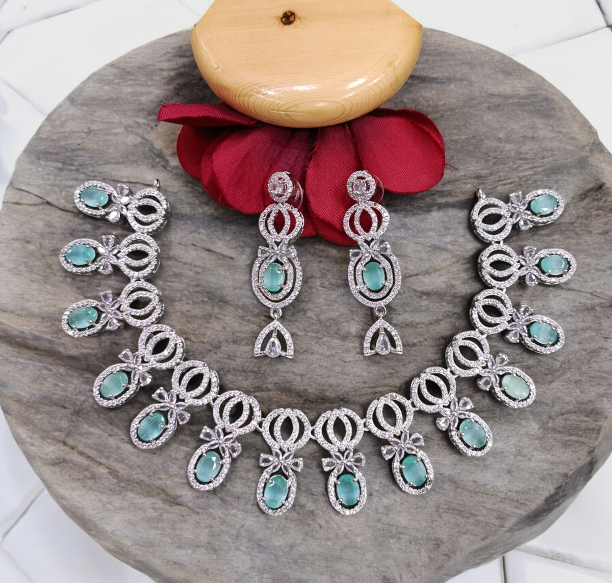 Bollywood Inspired AD Necklace CZ Earring Set, CZ Earrings, AD Necklace, Bridal AD Jewelry, CZ Jewelry Set, Wedding AD Jewelry - Libasaa.com