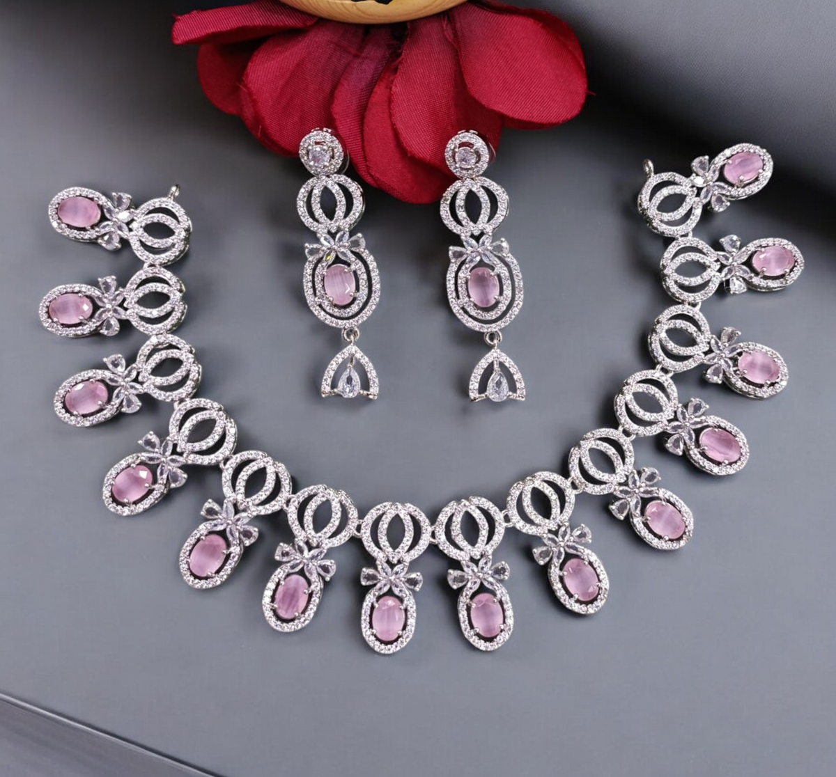 Bollywood Inspired AD Necklace CZ Earring Set, CZ Earrings, AD Necklace, Bridal AD Jewelry, CZ Jewelry Set, Wedding AD Jewelry - Libasaa.com