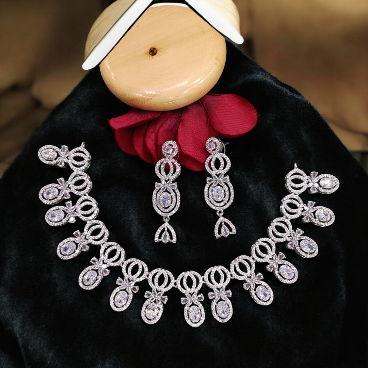 Bollywood Inspired AD Necklace CZ Earring Set, CZ Earrings, AD Necklace, Bridal AD Jewelry, CZ Jewelry Set, Wedding AD Jewelry - Libasaa.com