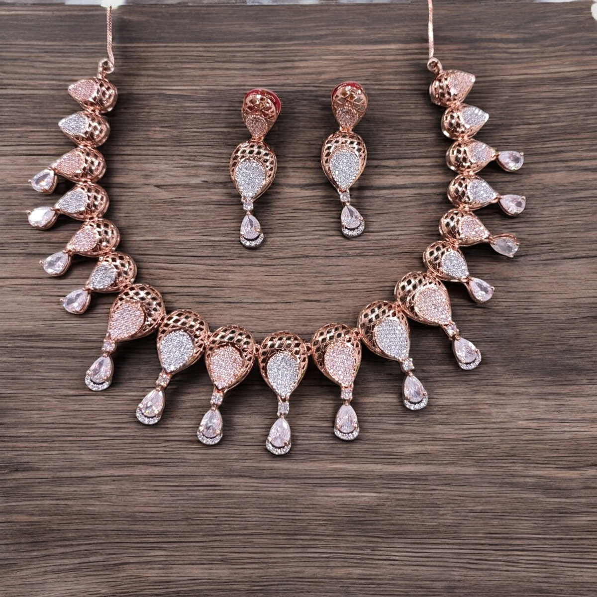 American Diamond Wedding Necklace Earring Jewellery Set, Bridal AD Jewelry, Wedding Cz necklace, AD Bridal Earring Set - Libasaa.com