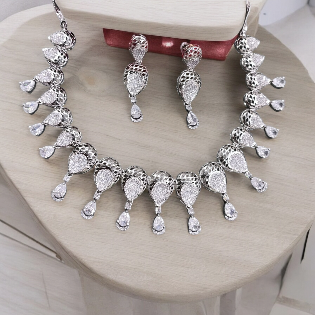 American Diamond Wedding Necklace Earring Jewellery Set, Bridal AD Jewelry, Wedding Cz necklace, AD Bridal Earring Set - Libasaa.com