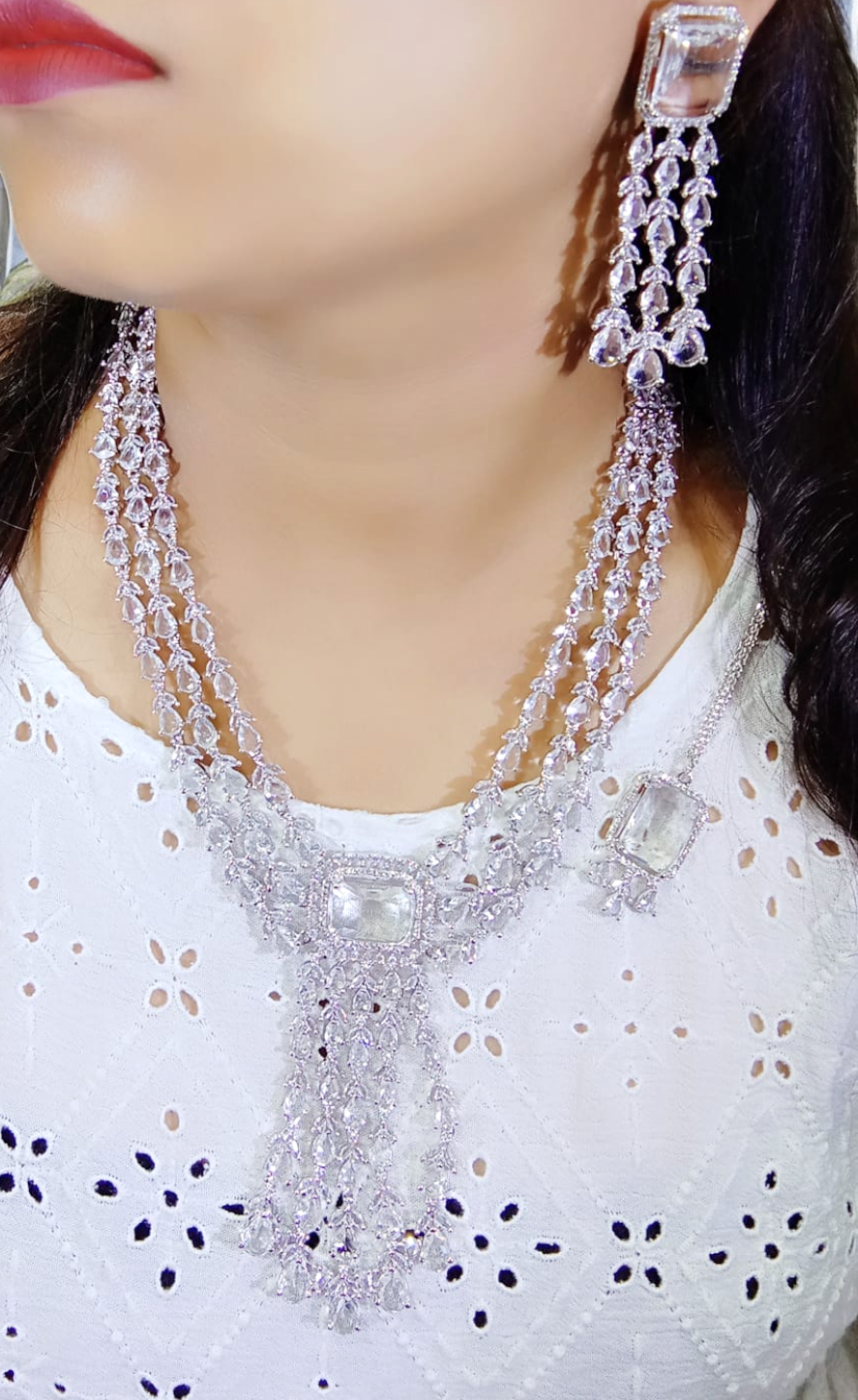 Indian Handmade CZ Bridal Necklace Earrings, Bollywood AD Jewelry Set, Indian AD Jewelry, Wedding CZ Necklace. CZ Earring, Pakistani AD Jewelry - Libasaa.com