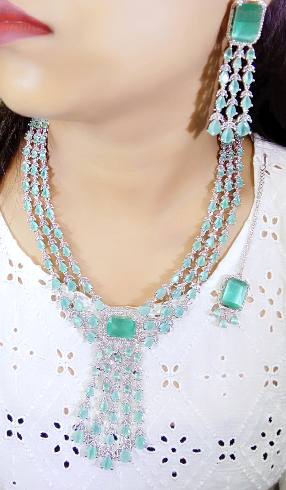 Indian Handmade CZ Bridal Necklace Earrings, Bollywood AD Jewelry Set, Indian AD Jewelry, Wedding CZ Necklace. CZ Earring, Pakistani AD Jewelry - Libasaa.com