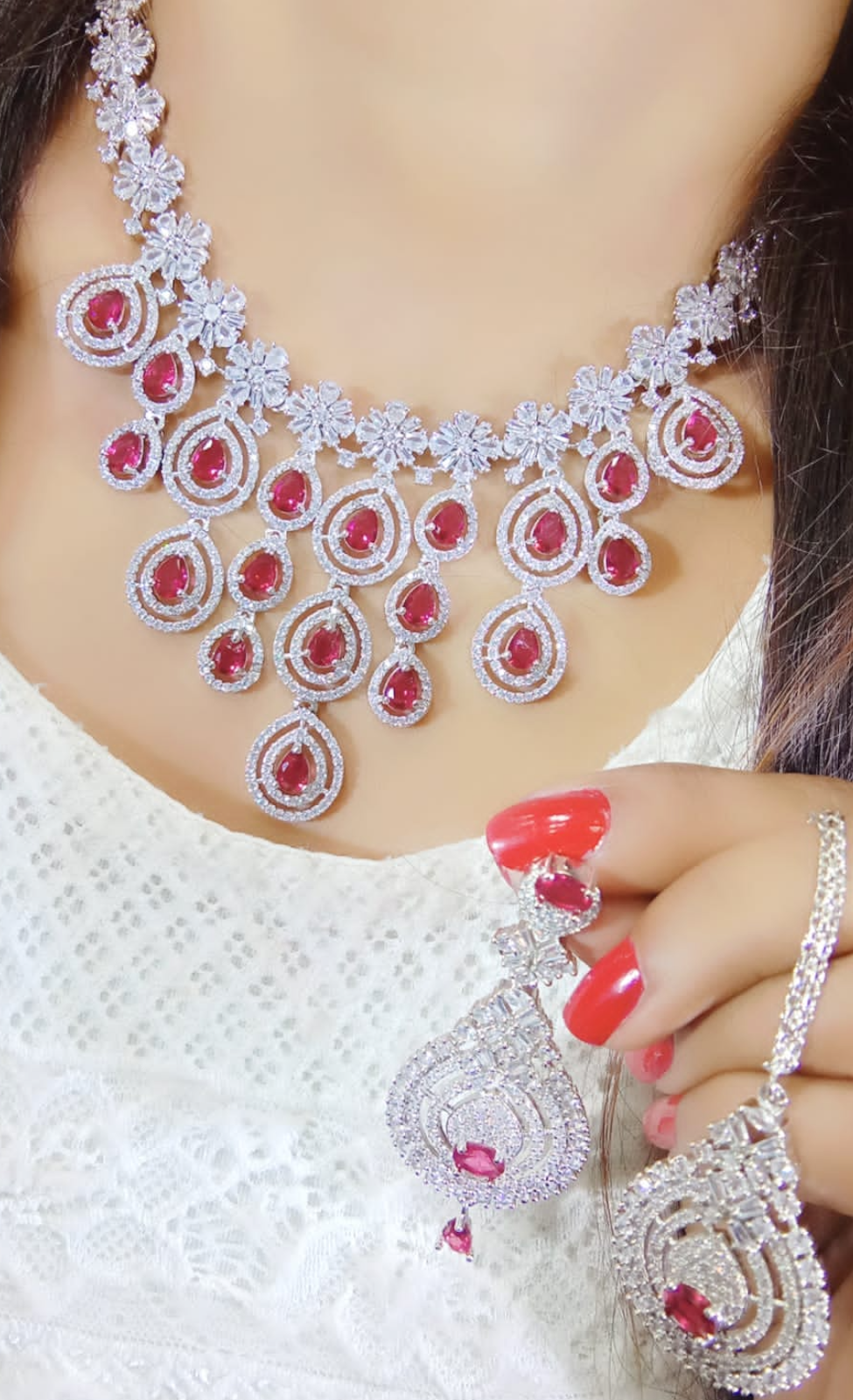 Cubic Zirconia Pakistani Necklace Earring Set, CZ Necklace, AD Jewelry, Jewelry Set, Women AD Earring, Bridal AD Necklace, Indian jewelry Set - Libasaa.com