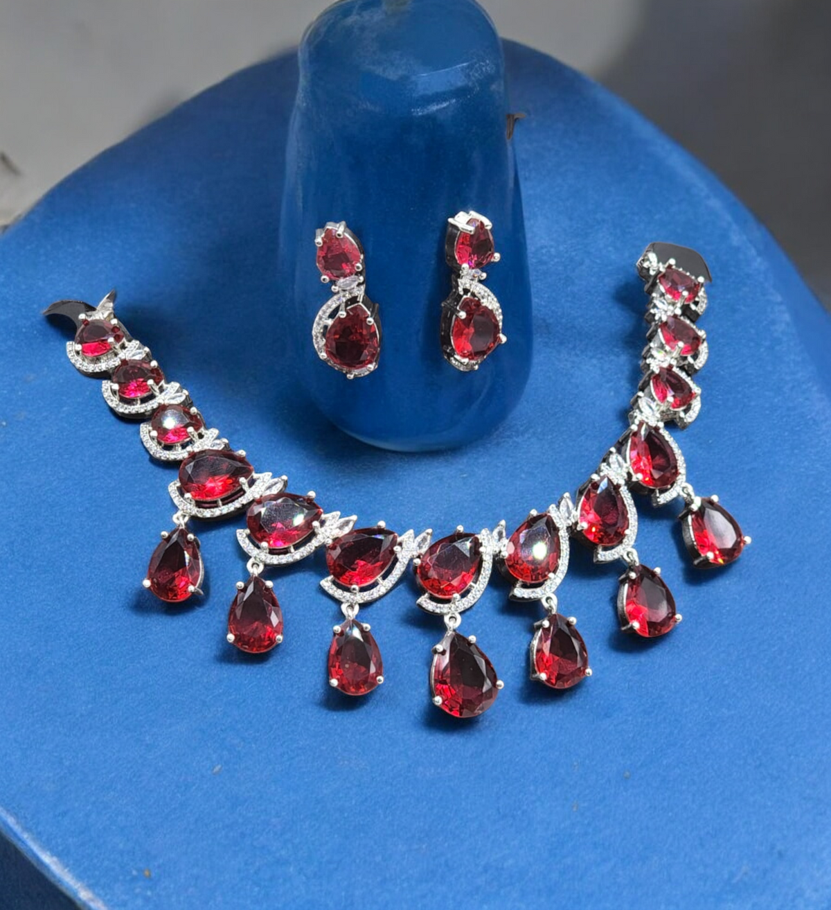 Indian Cubic Zirconia Bridal Jewellery Set, AD Necklace Earrings, Cz Earring, AD Necklace, Wedding Jewelry CZ, CZ Necklace - Libasaa.com