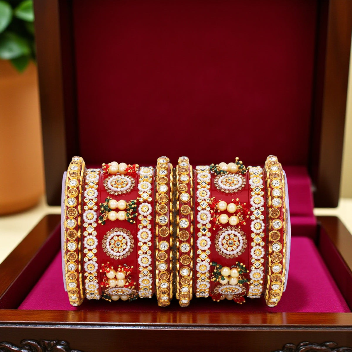 Rajwadi Chura with Pearl Kada | Royal Bridal Bangles Set - Libasaa.com