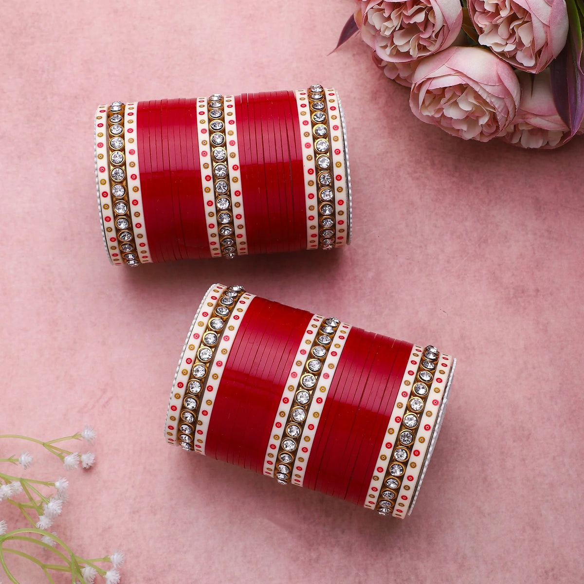 Traditional Bridal Chura with Stone Kada | Punjabi Wedding Bangles Set | Indian Bridal Jewelry - Libasaa.com