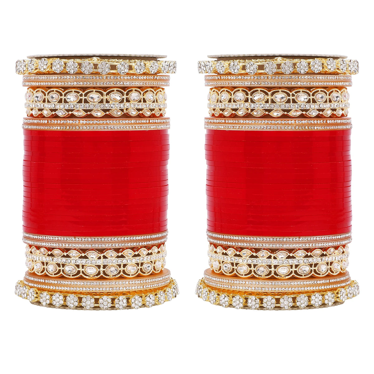 Bridal Chura with Rich Colours & Stone Pacheli Kada | Traditional Punjabi Wedding Bangles Set - Libasaa.com