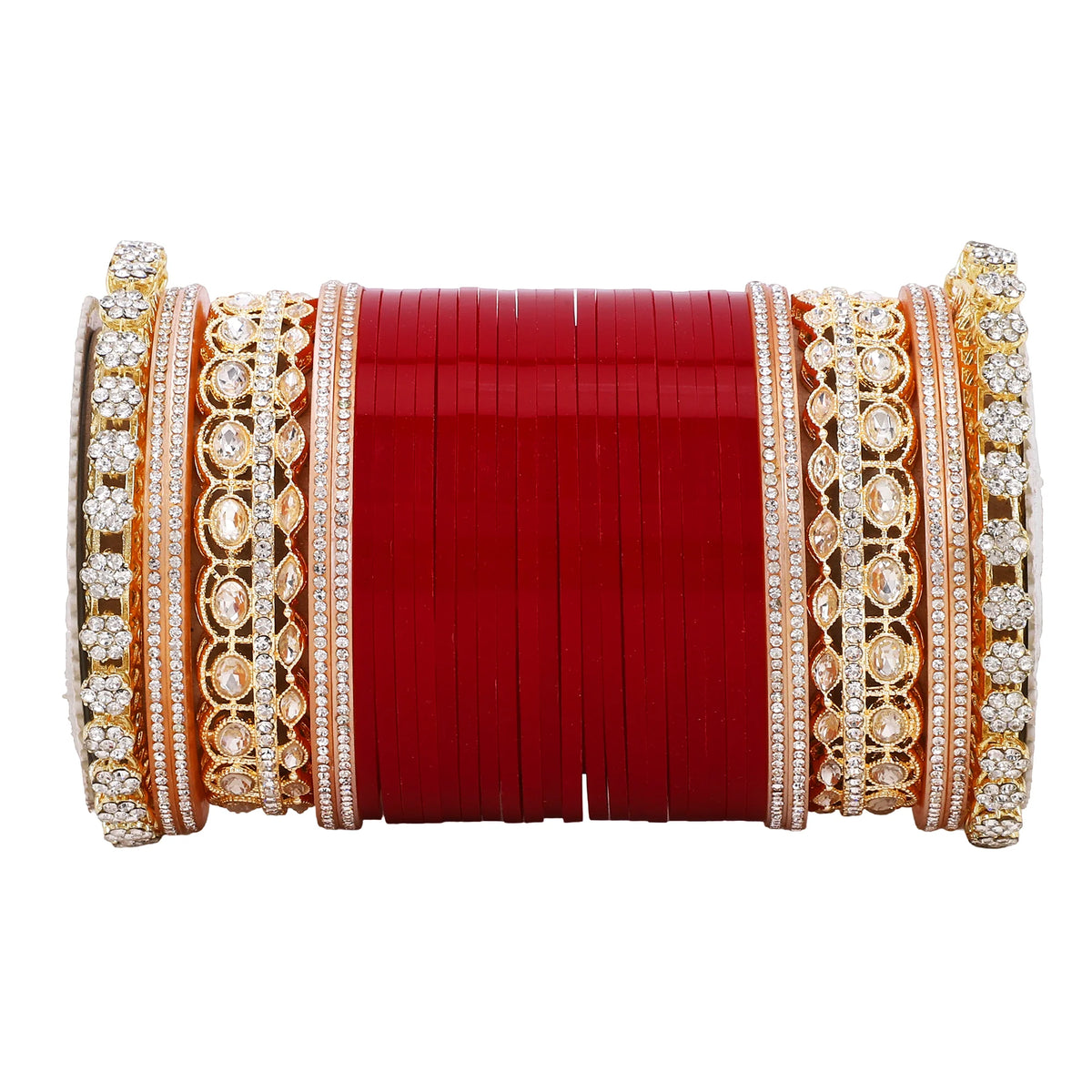 Bridal Chura with Rich Colours & Stone Pacheli Kada | Traditional Punjabi Wedding Bangles Set - Libasaa.com