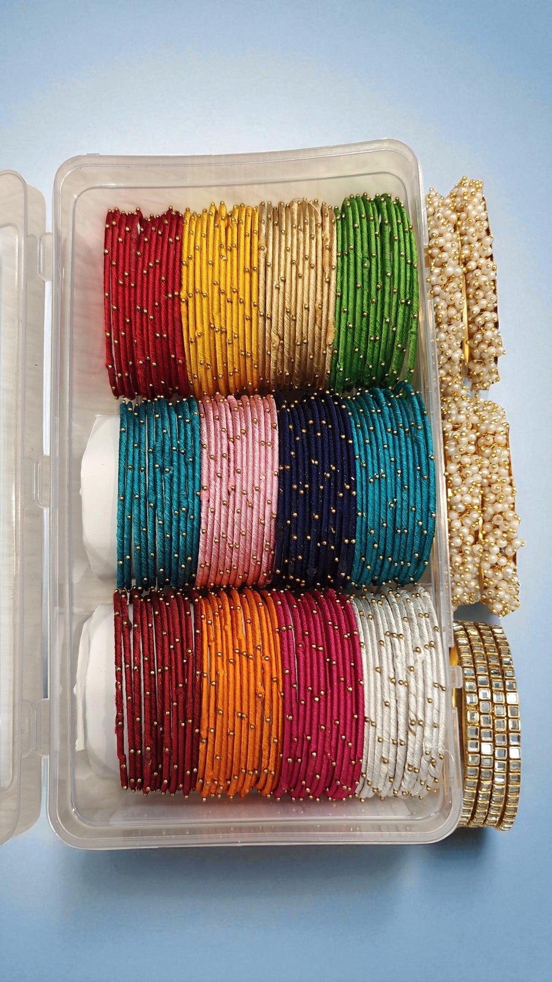 Traditional Kundan & Lariya Moti Kada Combo Box Thread Bangles Set