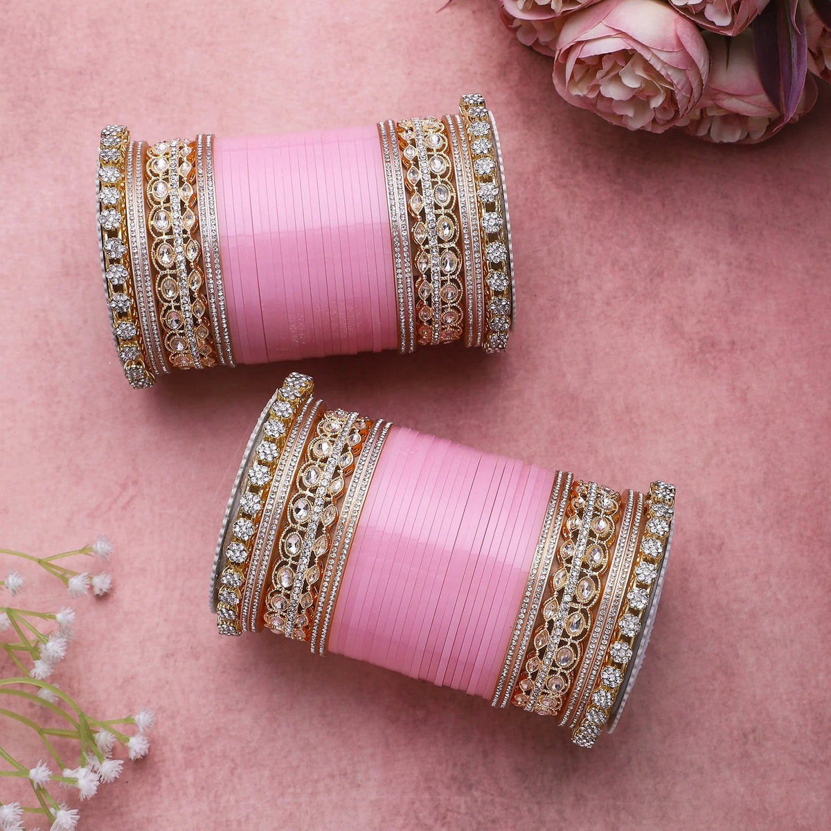 Bridal Chura with Rich Colours & Stone Pacheli Kada | Traditional Punjabi Wedding Bangles Set - Libasaa.com