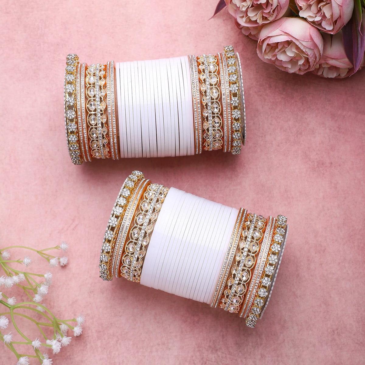 Bridal Chura with Rich Colours & Stone Pacheli Kada | Traditional Punjabi Wedding Bangles Set - Libasaa.com