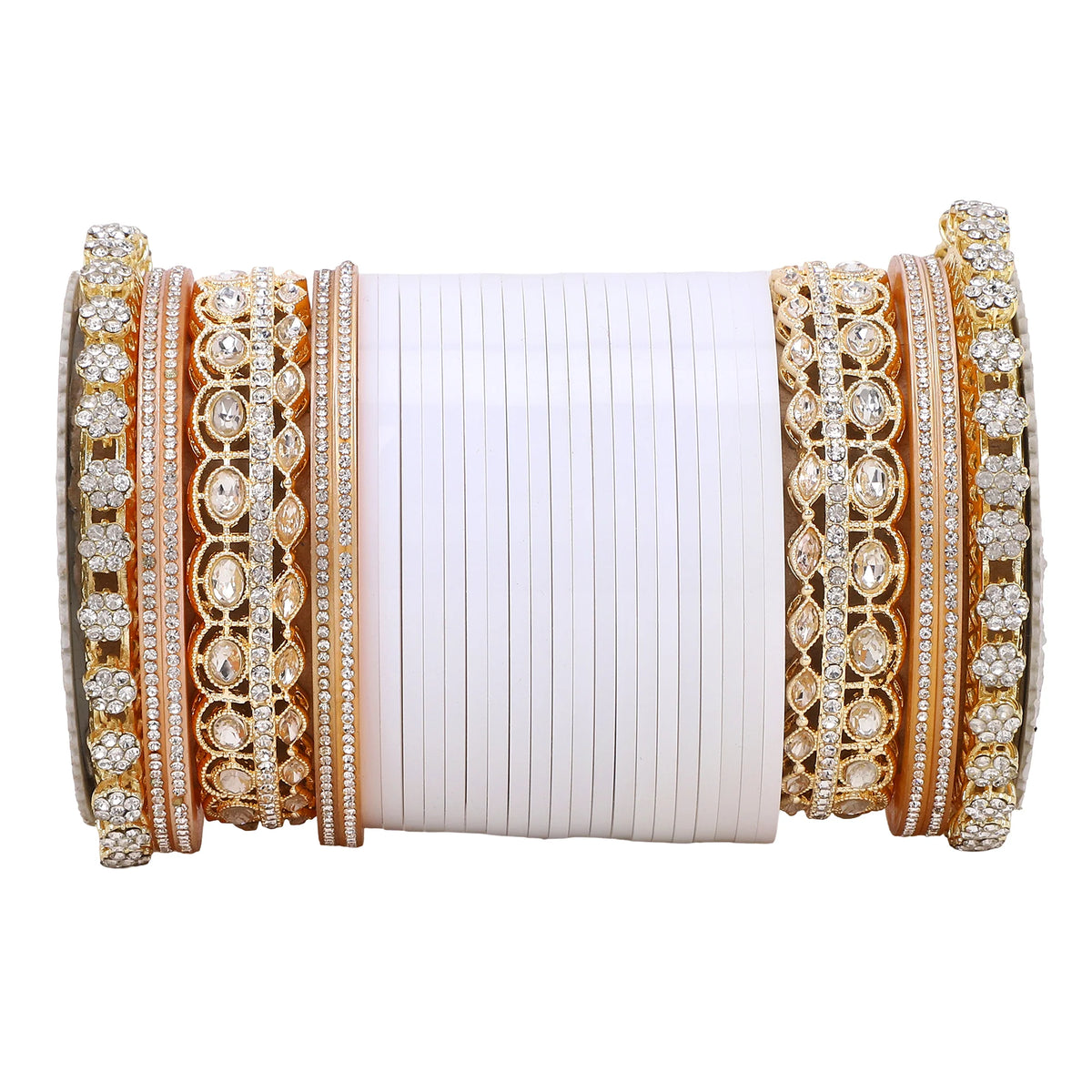 Bridal Chura with Rich Colours & Stone Pacheli Kada | Traditional Punjabi Wedding Bangles Set - Libasaa.com