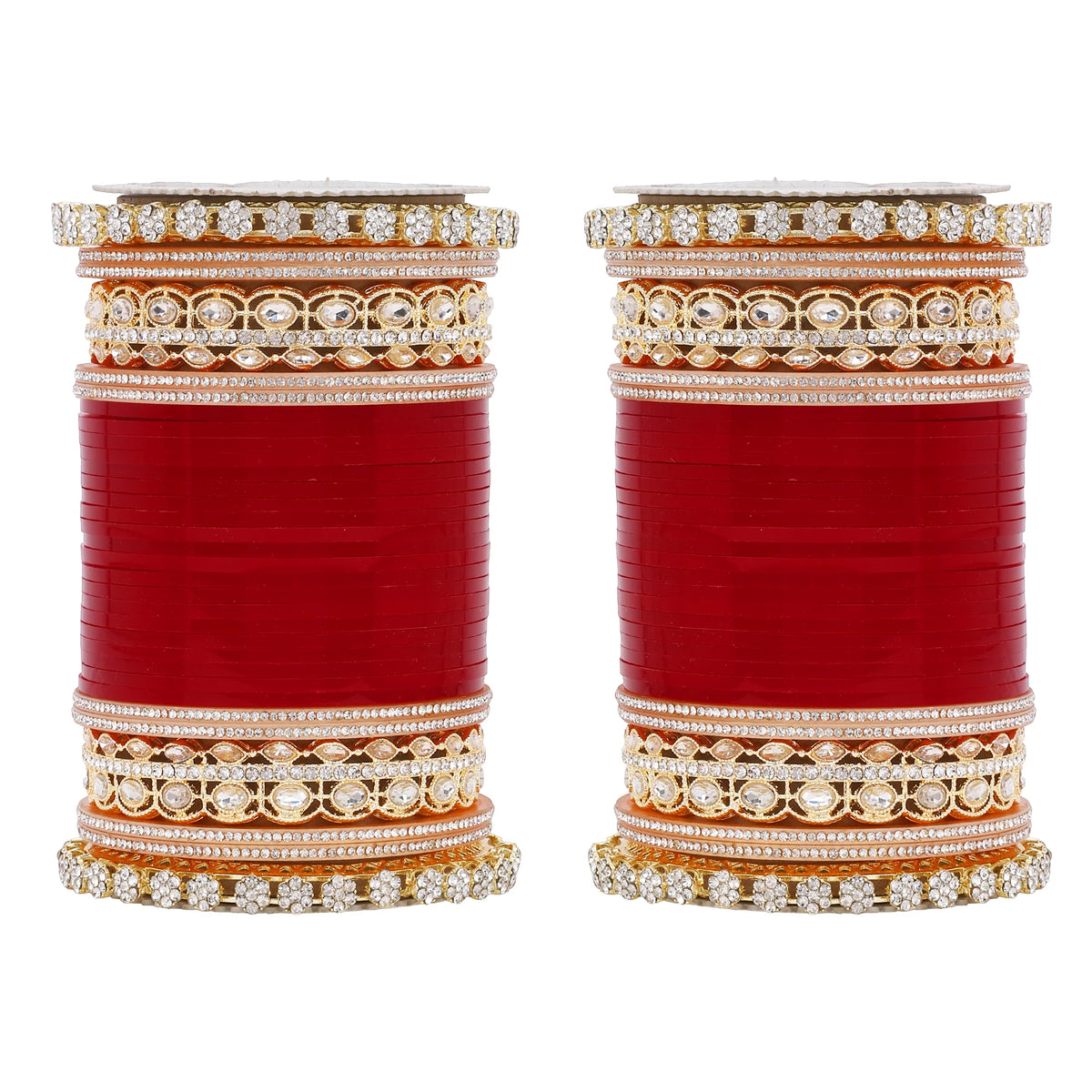 Bridal Chura with Rich Colours & Stone Pacheli Kada | Traditional Punjabi Wedding Bangles Set - Libasaa.com