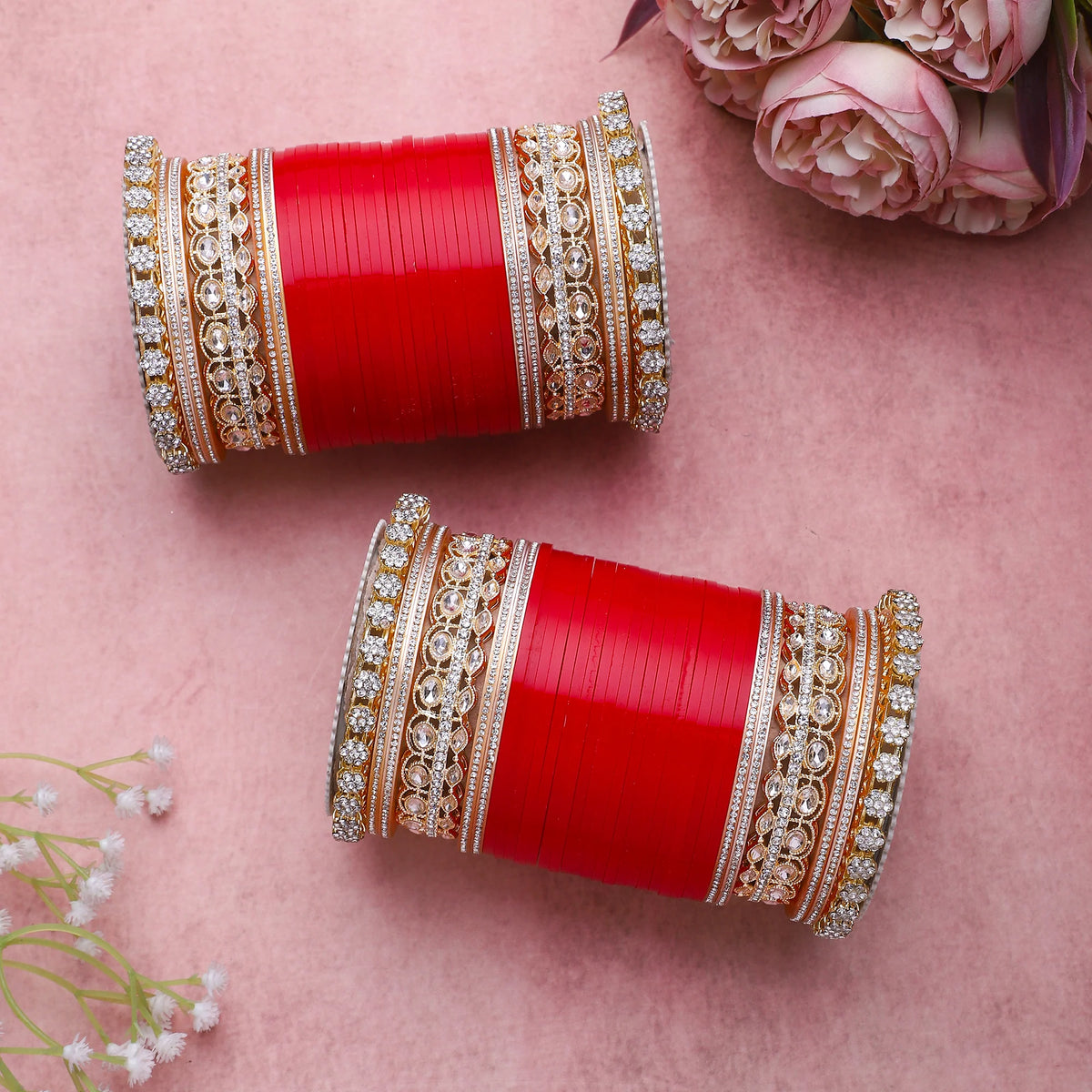 Bridal Chura with Rich Colours & Stone Pacheli Kada | Traditional Punjabi Wedding Bangles Set - Libasaa.com