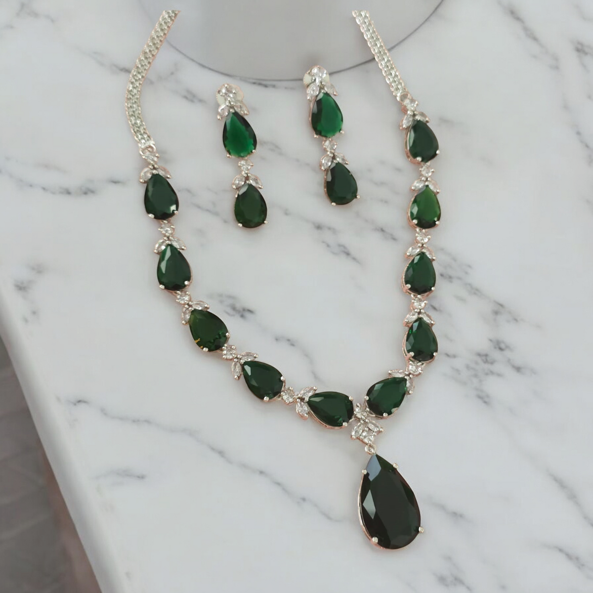 Bridal Jewelry American Diamond Necklace Set, Wedding AD jewelry, Pakistani CZ Earring, CZ Necklace, Bollywood AD Necklace, Indian CZ Jewellery Set - Libasaa.com