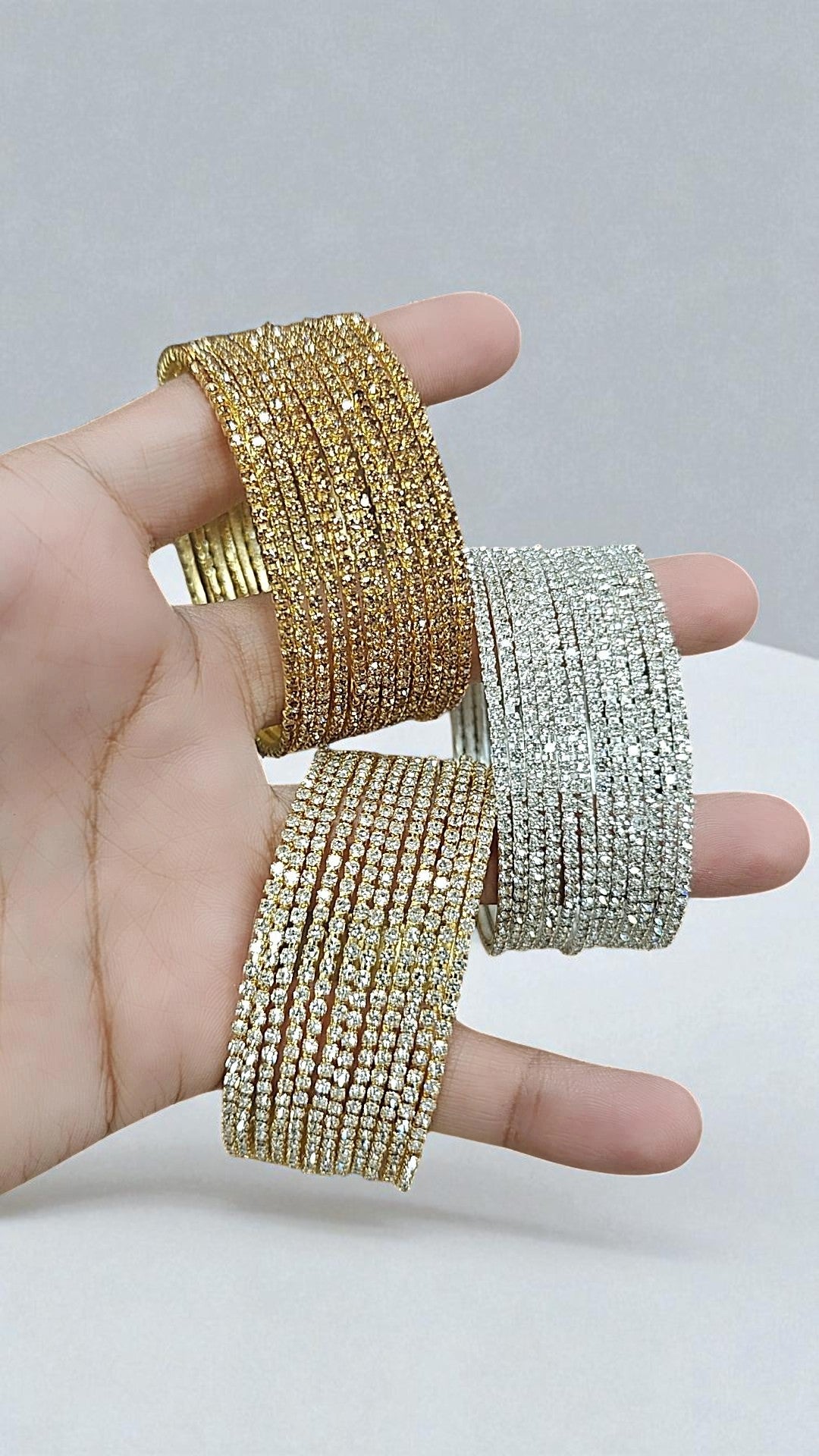 Premium Sparkling Multi-Row Diamond Cut Stone Bangles Gold & Silver Finish