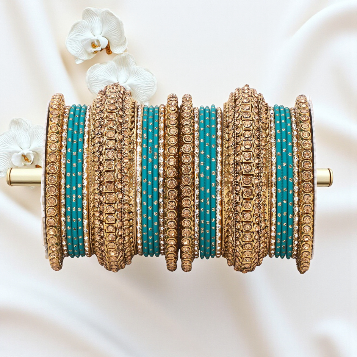 Luxurious Golden Dotted & Stone Bangle Set | Elegant Bridal & Partywear