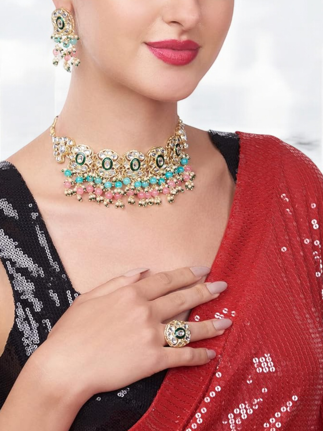 Multicolor Drops Choker Kundan Earring Ring Set, Indian Pearl Jewellery Set, Kundan Choker Set, Bridal Ring, Pearl Earring Ring Set, Pakistani choker And Ring, Bollywood Necklace Set - Libasaa.com