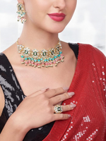 Multicolor Drops Choker Kundan Earring Ring Set, Indian Pearl Jewellery Set, Kundan Choker Set, Bridal Ring, Pearl Earring Ring Set, Pakistani choker And Ring, Bollywood Necklace Set - Libasaa.com
