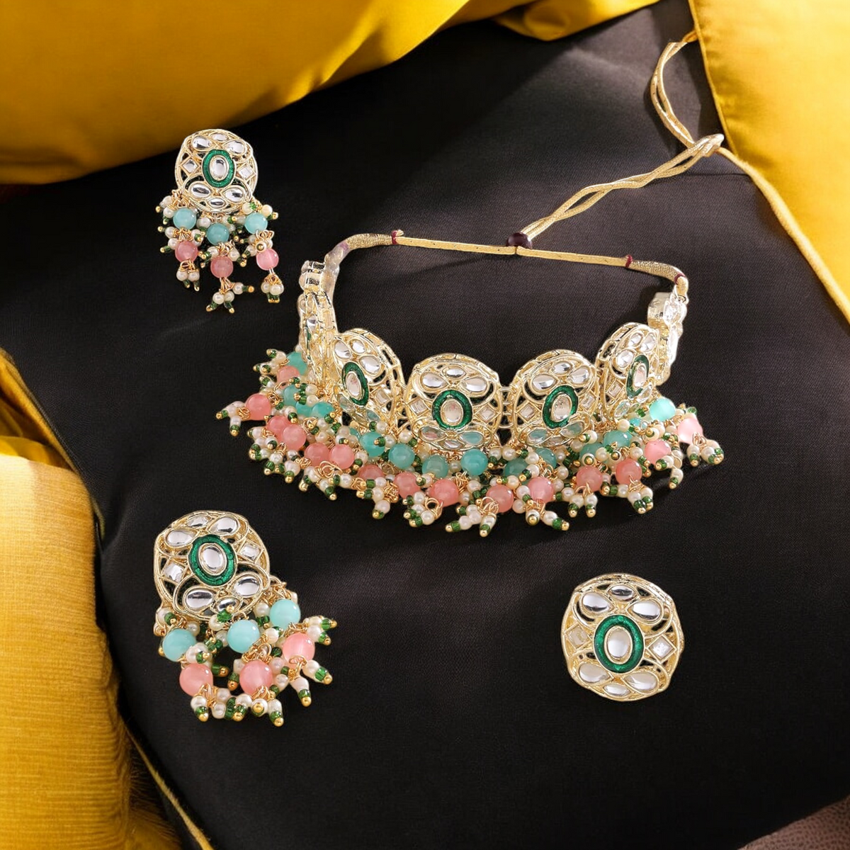 Multicolor Drops Choker Kundan Earring Ring Set, Indian Pearl Jewellery Set, Kundan Choker Set, Bridal Ring, Pearl Earring Ring Set, Pakistani choker And Ring, Bollywood Necklace Set - Libasaa.com