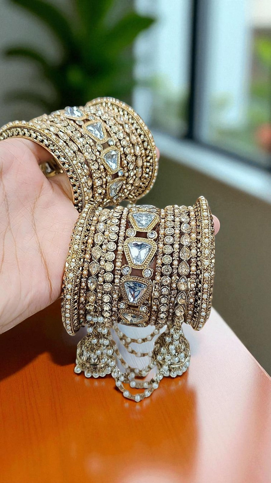 Star Kundan Stone Jhumki Bangles Set Bridal Chura with Hanging Pearls & Golden Finish - Libasaa.com