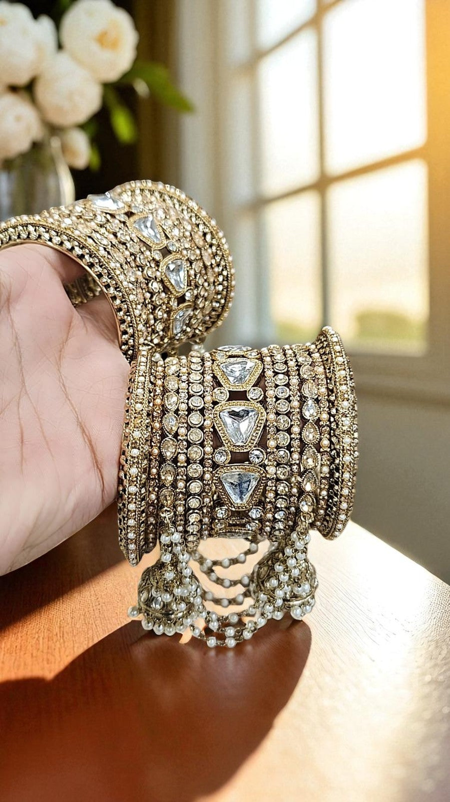 Star Kundan Stone Jhumki Bangles Set Bridal Chura with Hanging Pearls & Golden Finish - Libasaa.com