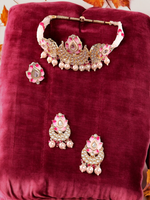 Meenakari Lotus Indian Necklace Earring Ring Set, Meenakari Bridal Jewellery, Meenakari Pearl Necklace Earrings Set, Indian Lotus Jewelry Set, Bridal Necklace Ring Set, Pearl Ring Set, Bridal Jewelry - Libasaa.com