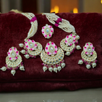 Meenakari Lotus Indian Necklace Earring Ring Set, Meenakari Bridal Jewellery, Meenakari Pearl Necklace Earrings Set, Indian Lotus Jewelry Set, Bridal Necklace Ring Set, Pearl Ring Set, Bridal Jewelry - Libasaa.com