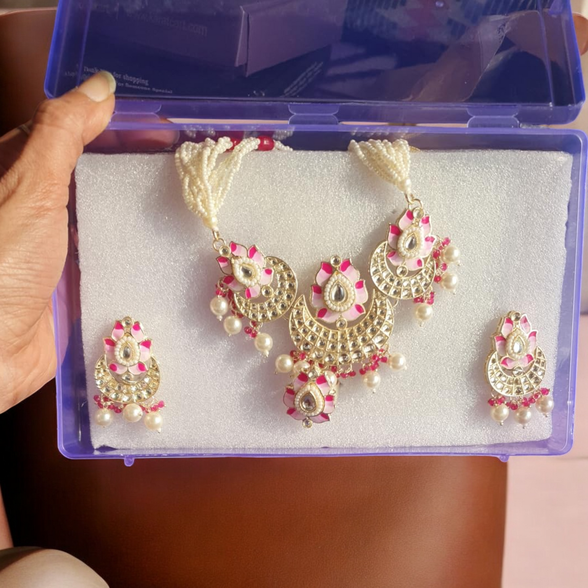 Meenakari Lotus Indian Necklace Earring Ring Set, Meenakari Bridal Jewellery, Meenakari Pearl Necklace Earrings Set, Indian Lotus Jewelry Set, Bridal Necklace Ring Set, Pearl Ring Set, Bridal Jewelry - Libasaa.com