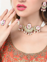 Meenakari Lotus Indian Necklace Earring Ring Set, Meenakari Bridal Jewellery, Meenakari Pearl Necklace Earrings Set, Indian Lotus Jewelry Set, Bridal Necklace Ring Set, Pearl Ring Set, Bridal Jewelry - Libasaa.com
