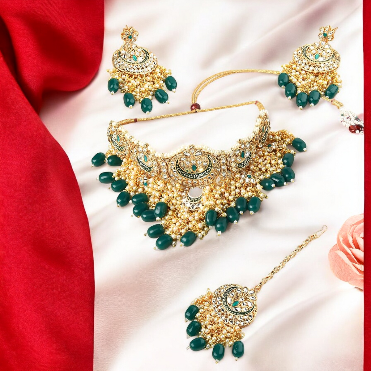 Green Pakistani Pearl Choker Kundan Earring With Mangtika Set, Green Choker, Pakistani Choker Kundan Set, Pearl Bridal Jewellery Set - Libasaa.com